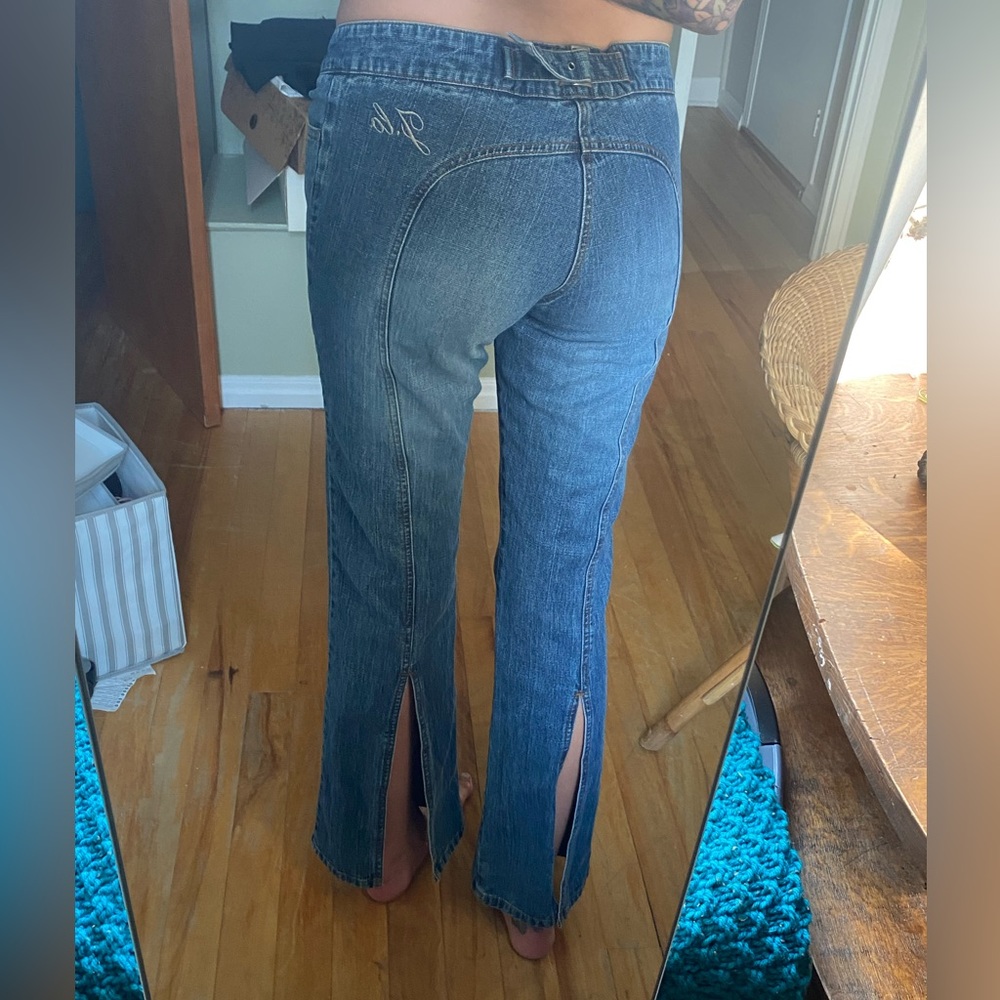 J Lo Low Rise Y2K Flare Dark Wash Jeans with Slit in Back